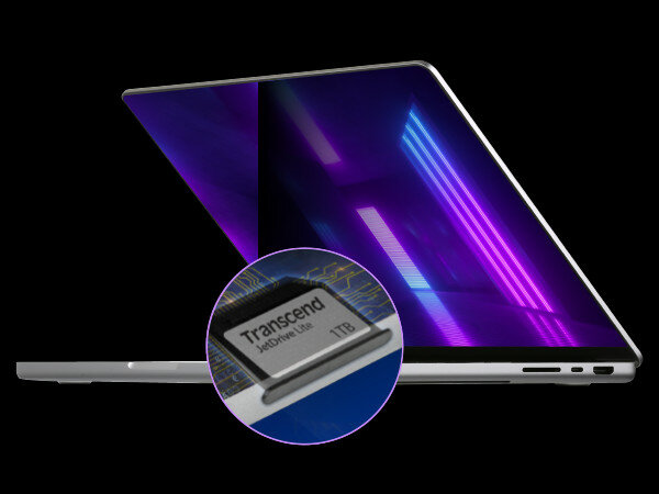 Karta pamięci Transcend JetDrive Lite 330 1TB grafika przedstawiająca zbiżenie na umieszczoną kartę w laptopie