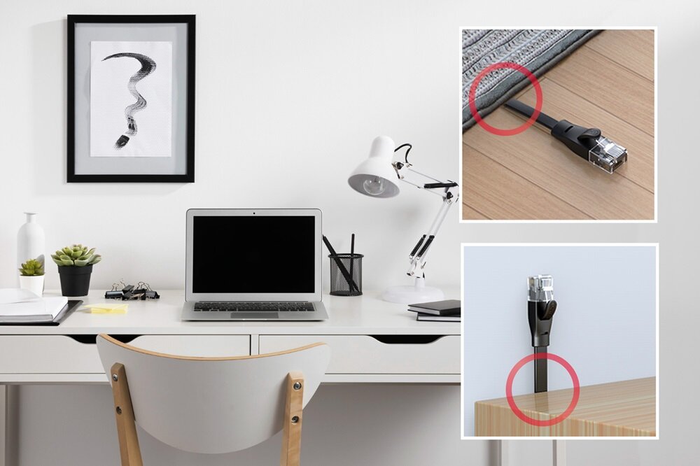Kabel sieciowy Unitek C1808GBK 0,5m płaski grafika z widocznym pokojem po lewej stronie, na biurku laptop, po prawej stronie kabel pod dywanem