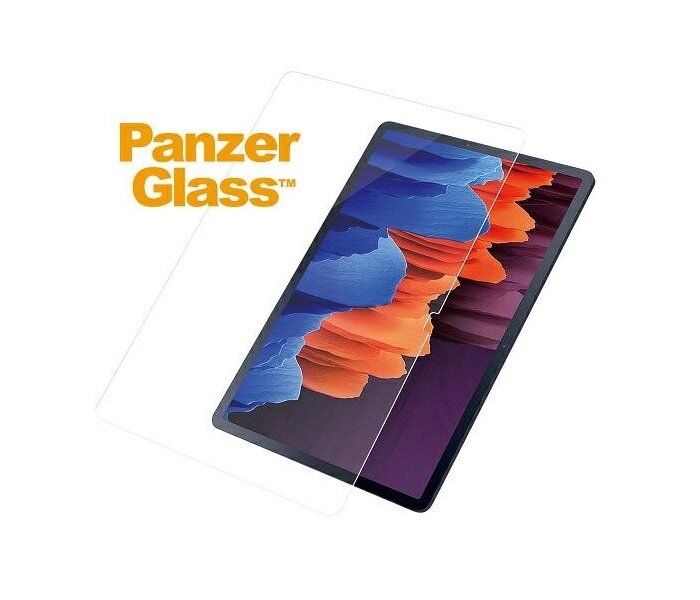 Szkło hartowane PanzerGlass E2E Super+ widok na szkło oraz tablet pod skosem