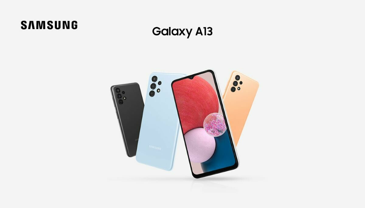 Smartfon Samsung Galaxy A13 SM-A137FLBVEUE widok na ekran oraz na plecki telefonu w różnych odcieniach