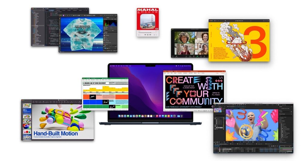 Laptop Apple MacBook Air MLXY3ZE/A widok na laptopa od frontu oraz na screeny interfejsów programów dookoła