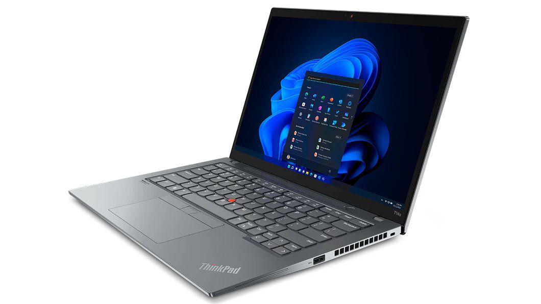 Laptop Lenovo ThinkPad T14s G3 16/512GB i7-1260P czarny włączony od frontu po skosie w lewo na białym tle
