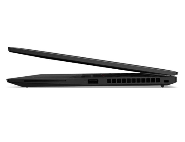 Laptop Lenovo ThinkPad T14s G3 16/512GB i7-1260P czarny od boku lekko otwarty na białym tle