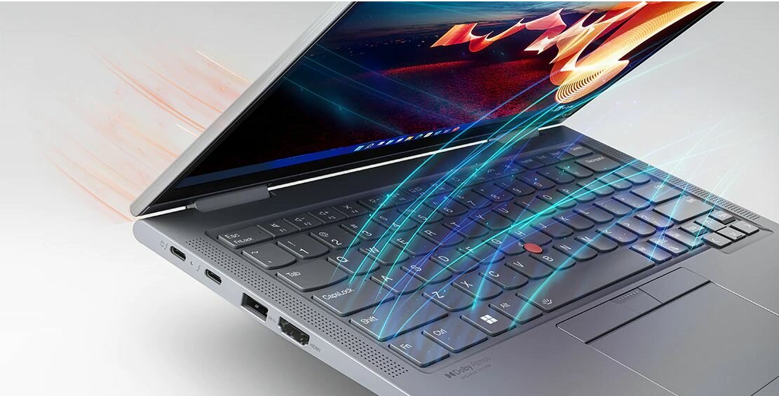 Laptop Lenovo X1 Yoga Gen 7 grafika przedstawia zbliżenie na klawiaturę z grafiką ilustrującą przepływ zimnego powietrza
