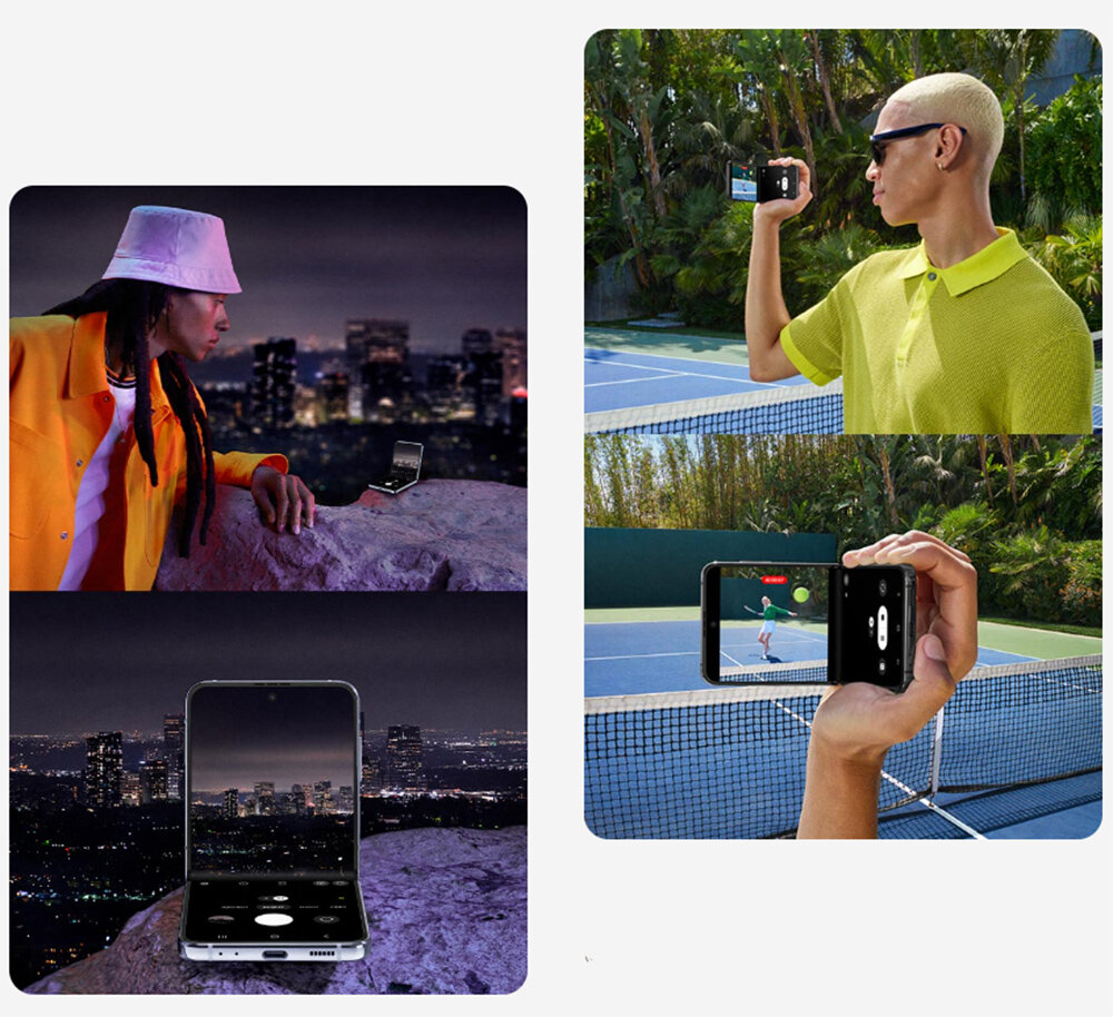 Smartfon Samsung Galaxy Flip4 5G 8GB/128GB złoty zestaw aparatów w Galaxy Z Flip4 - pokazane nagrane filmiki i zrobione zdjęcia