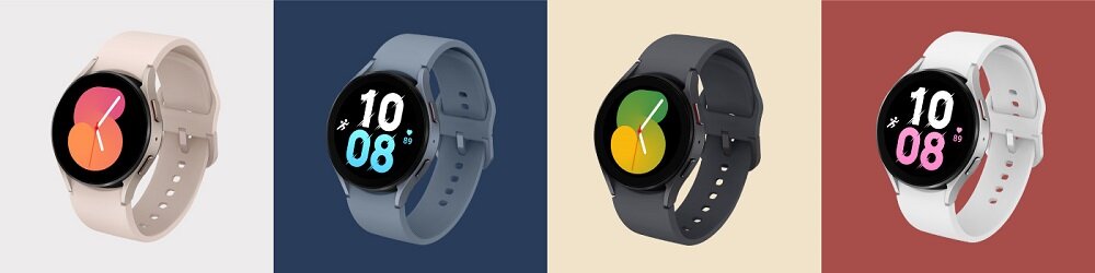 Smartwatch Samsung Galaxy Watch5 R900 SM-R900NZAAEUE widok na cztery smartwatche pod skosem w lewo