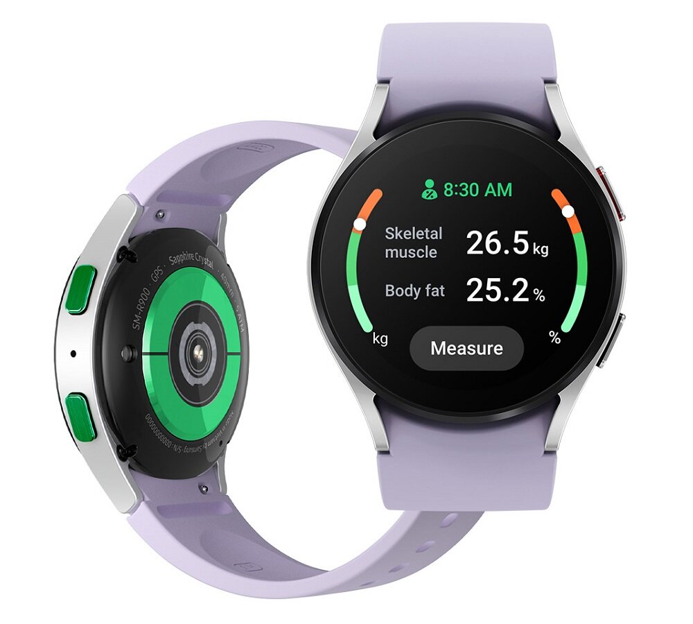 Smartwatch Samsung Galaxy Watch5 R905 SM-R905FZAAEUE widok na smartwatch od boku oraz od przodu z widocznym na ekranie włączonym monitorem składu ciała