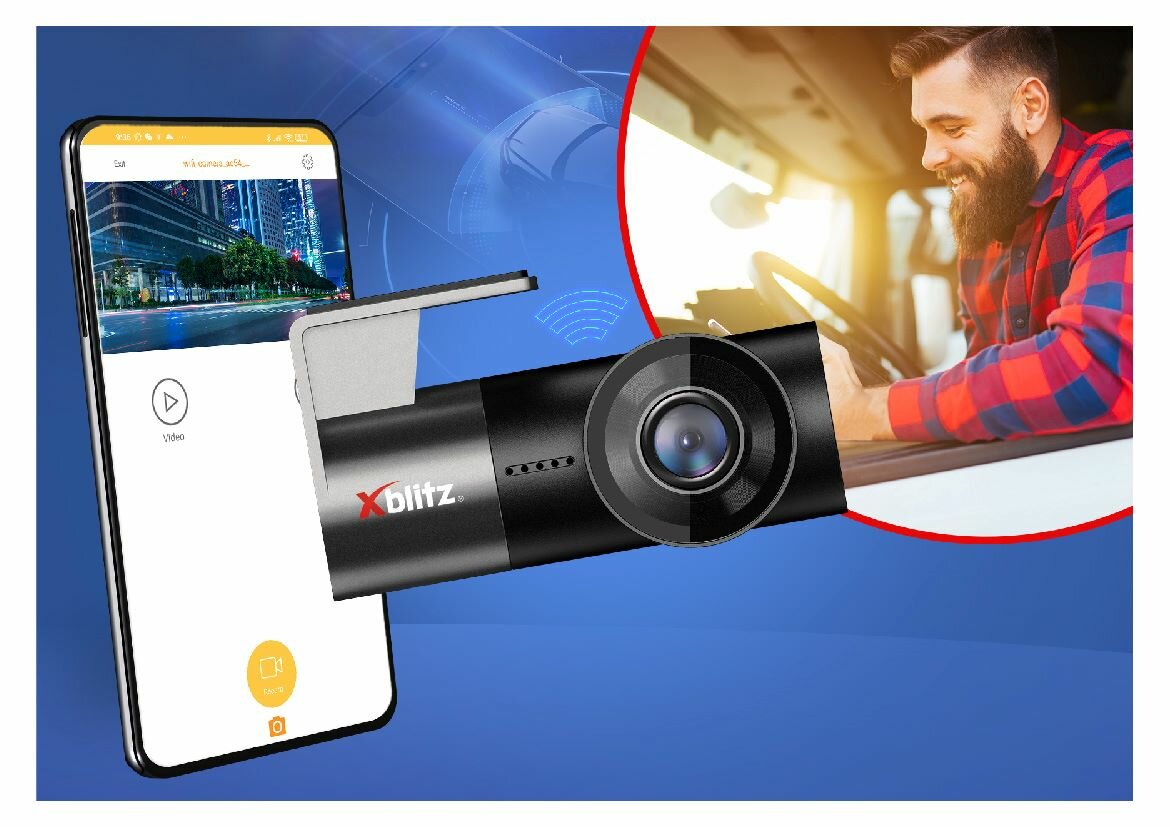 Wideorejestrator Xblitz Z10 Slim w tle urządzenia smartfon i osoba kierująca pojazdem