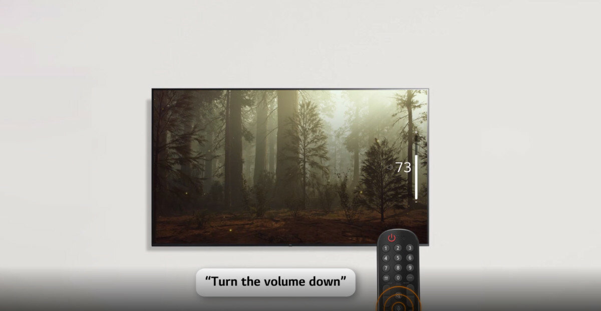 Telewizor LG 43UQ75003LF od frontu pokazujący możliwość sterowania za pomocą głosu w celu ściszenia telewizora