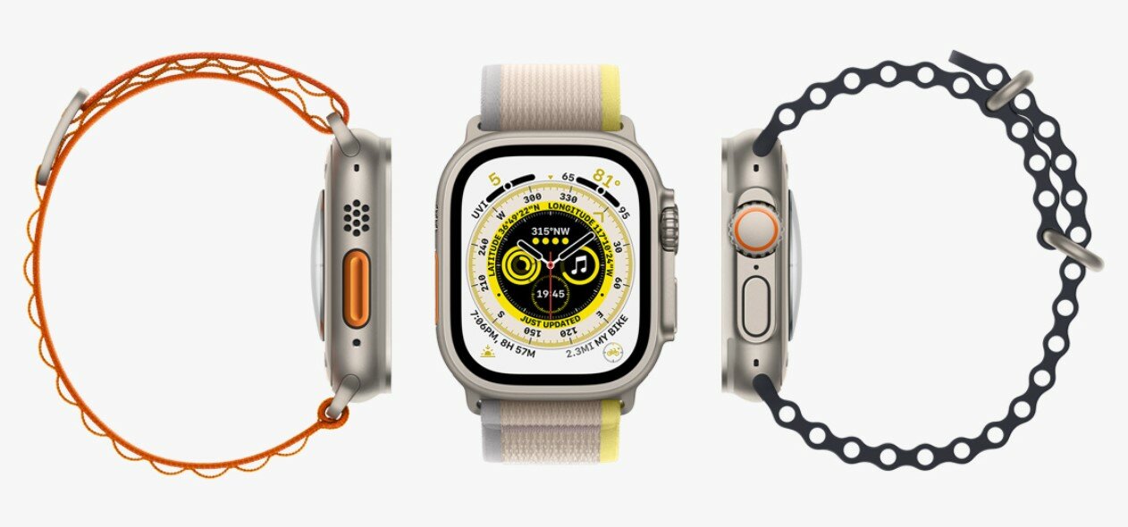 Smartwatch Apple Watch Ultra GPS + Cellular 49mm Ocean w kolorze białym pokazane różne paski