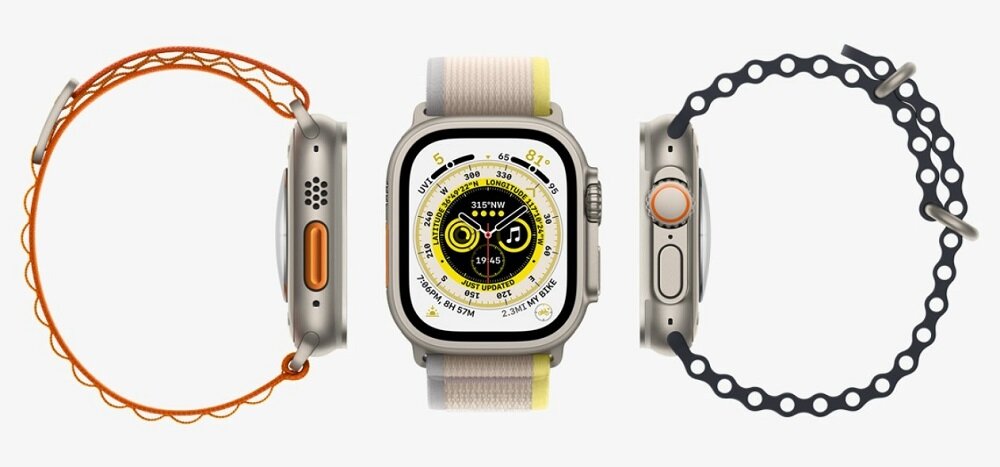 Smartwatch Apple Watch Ultra MQFQ3WB/A widok na dwa smartwatche od boku i jeden od frontu