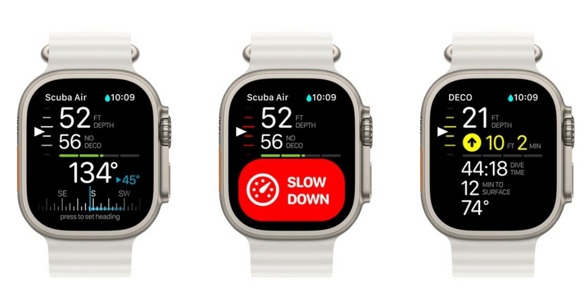 Smartwatch Apple Watch Ultra MQFQ3WB/A widok na trzy smartwatche obok siebie widoczne od frontu