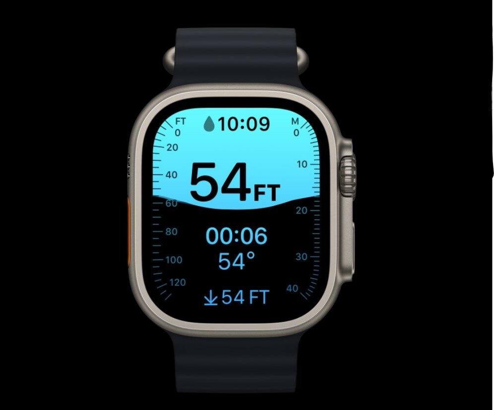 Smartwatch Apple Watch Ultra MQFQ3WB/A widok na smartwatch od frontu z włączoną aplikacją Głębokość