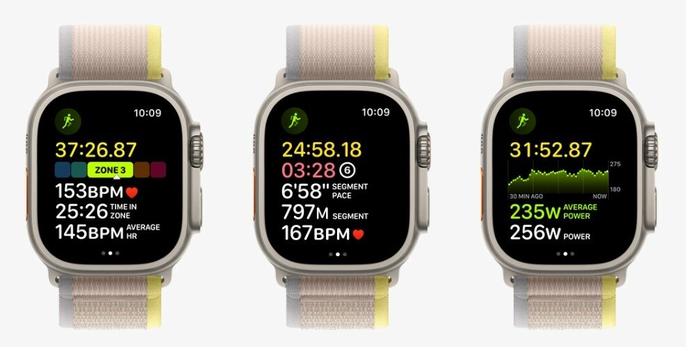 Smartwatch Apple Watch Ultra MQFR3WB/A widok na trzy smartwatche od frontu