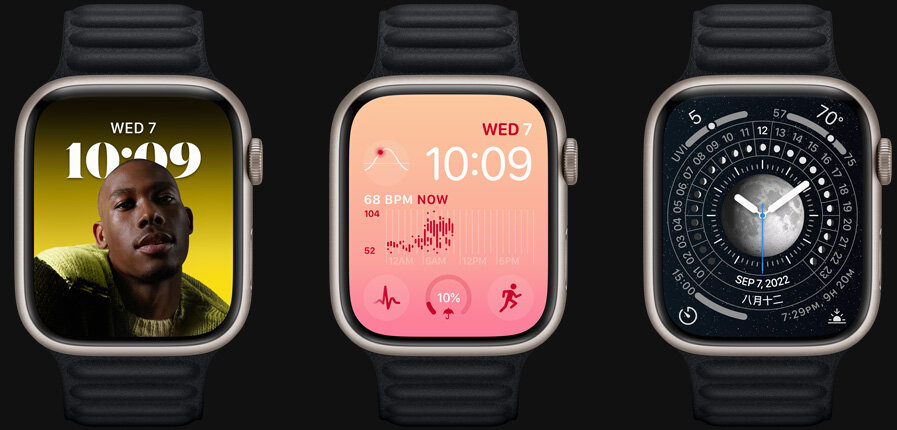 Smartwatch Apple Watch Series 8 GPS + Cellular księżycowa poświata tarcze frontem