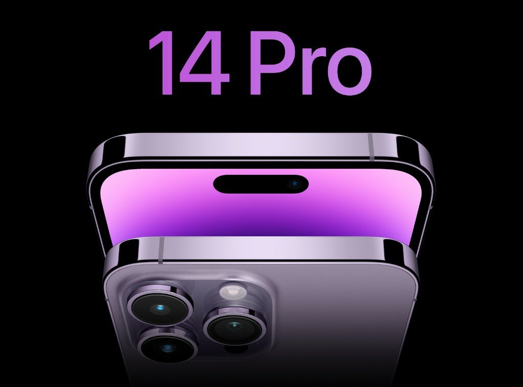 Smartfon Apple iPhone 14 Pro 128GB Głęboka purpura pokazany górny front i tył smartfona