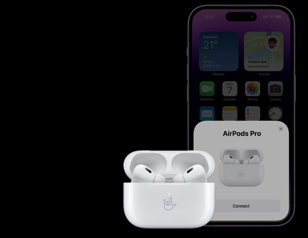 Słuchawki Apple AirPods Pro (2 generacji) MQD83ZM/A widok na iPhone'a i słuchawki w etui obok podczas łączenia