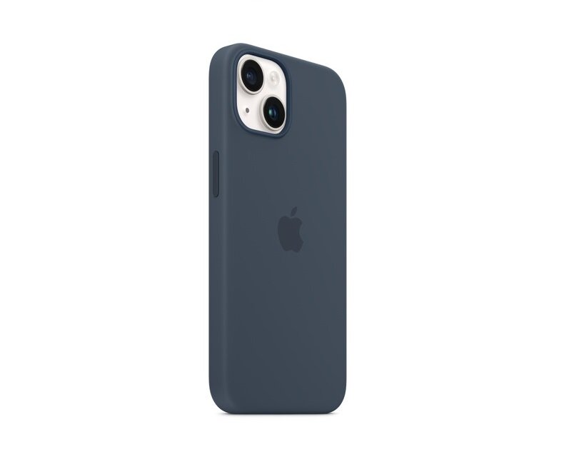 Etui Apple MagSafe iPhone 14 sztormowy błękit od frontu pod skosem na telefonie od tyłu