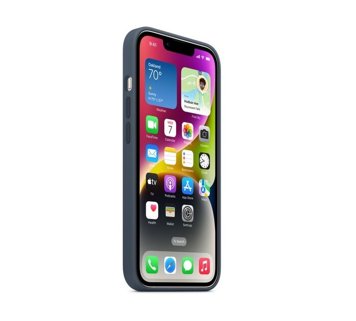 Etui Apple MagSafe iPhone 14 sztormowy błękit na telefonie od frontu