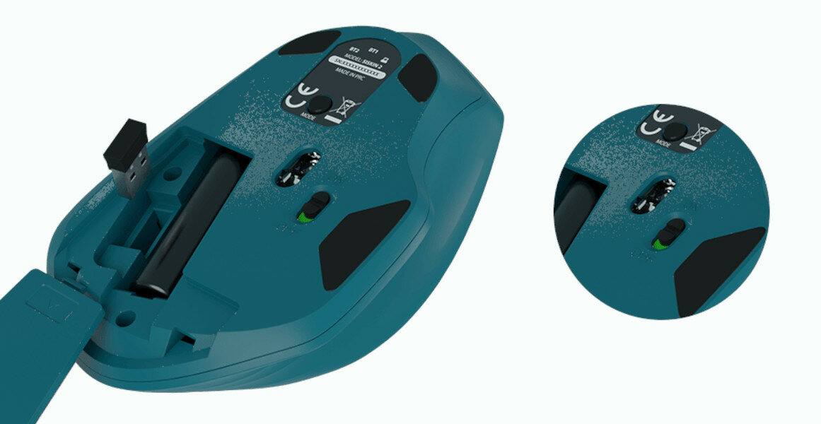 Mysz NATEC Siskin 2 niebieska bezprzewodowa widok na wnętrze myszy i jej sensor