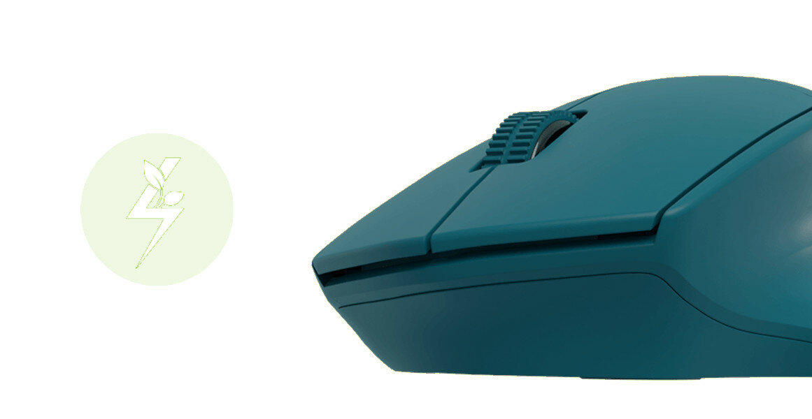Mysz NATEC Siskin 2 niebieska bezprzewodowa widok na mysz obok logo oszczędzania energii