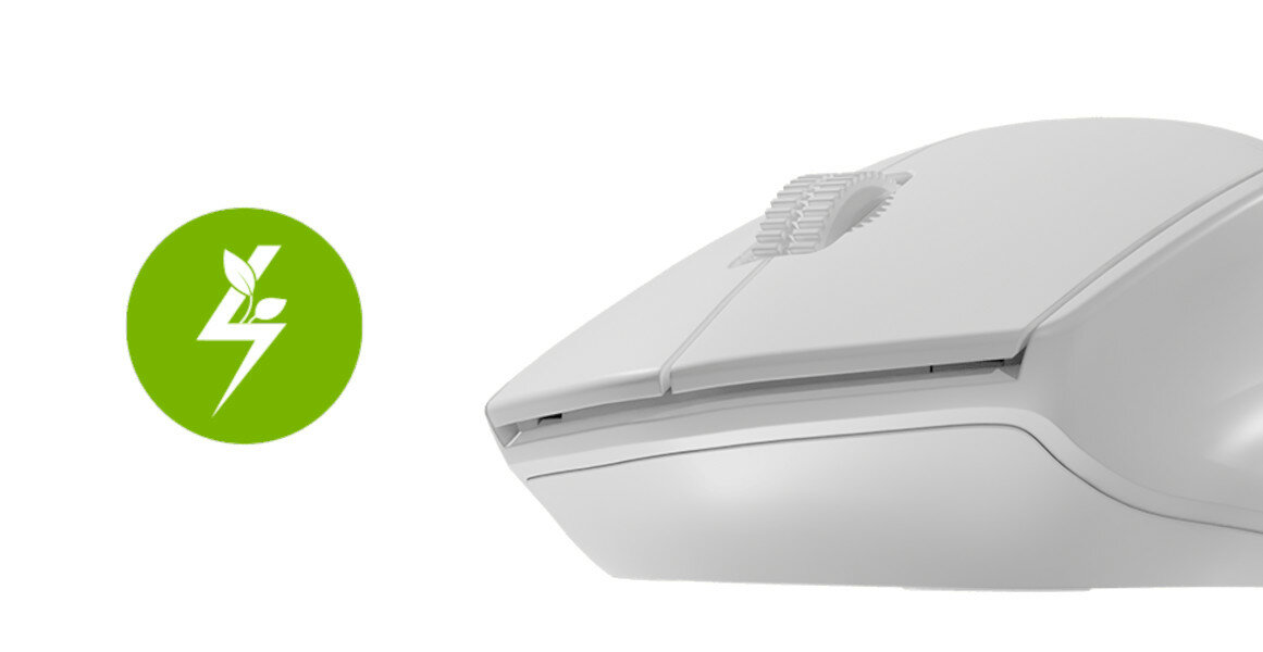 Mysz NATEC Siskin 2 biała bezprzewodowa widok na mysz obok logo oszczędzania energii
