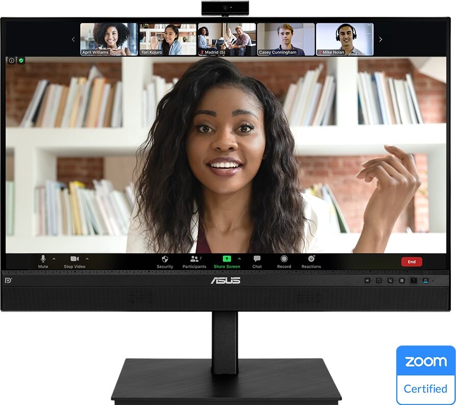Monitor Asus BE24ECSNK IPS widok wideokonferencji na monitorze z logo aplikacji ZOOM