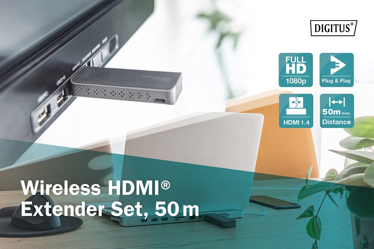 Przedłużacz HDMI DIGITUS DS-55318 50 m podłączony do urządzenia z ikonami