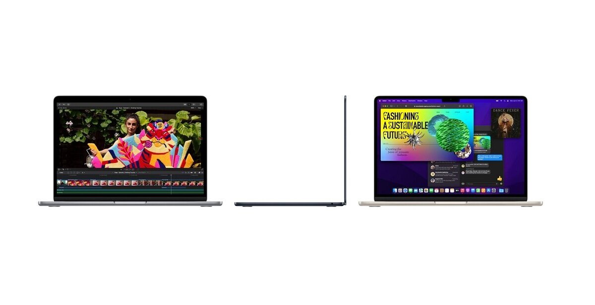 Laptop Apple Macbook Air 13” M2 8GB RAM 512GB SSD szary grafika przedstawia dwa laptopy od frontu i jeden od boku