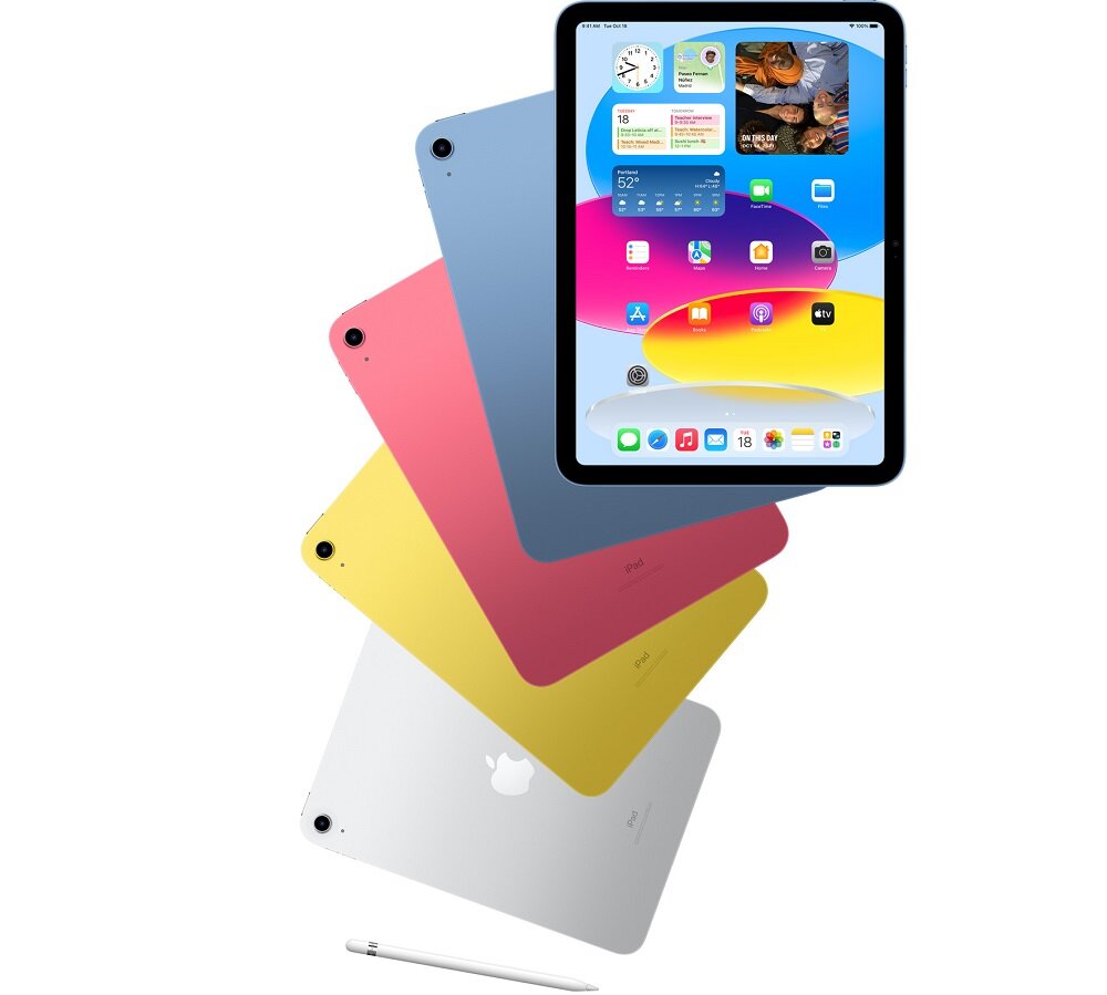 iPad Apple MQ6K3FD/A widok na jednego iPada od frontu i cztery iPady pod skosem z widocznymi pleckami w różnych kolorach