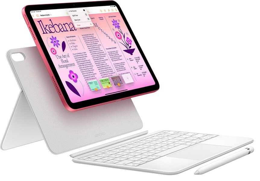 iPad Apple MQ6K3FD/A widok na iPada pod skosem, na klawiaturę, podstawkę i rysik