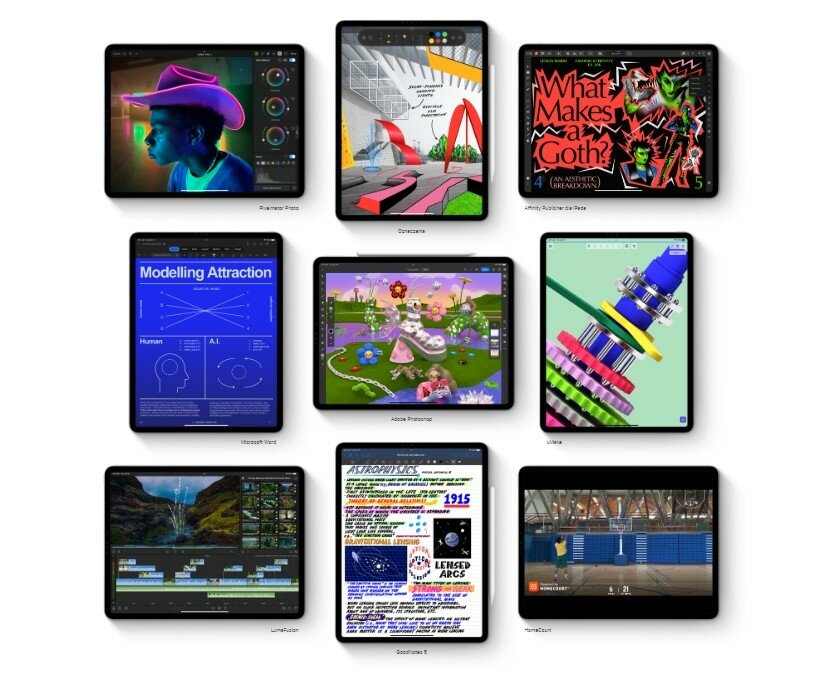 iPad Pro Apple MNXD3FD/A widok na ekrany dziewięciu iPadów z włączonymi różnymi aplikacjami