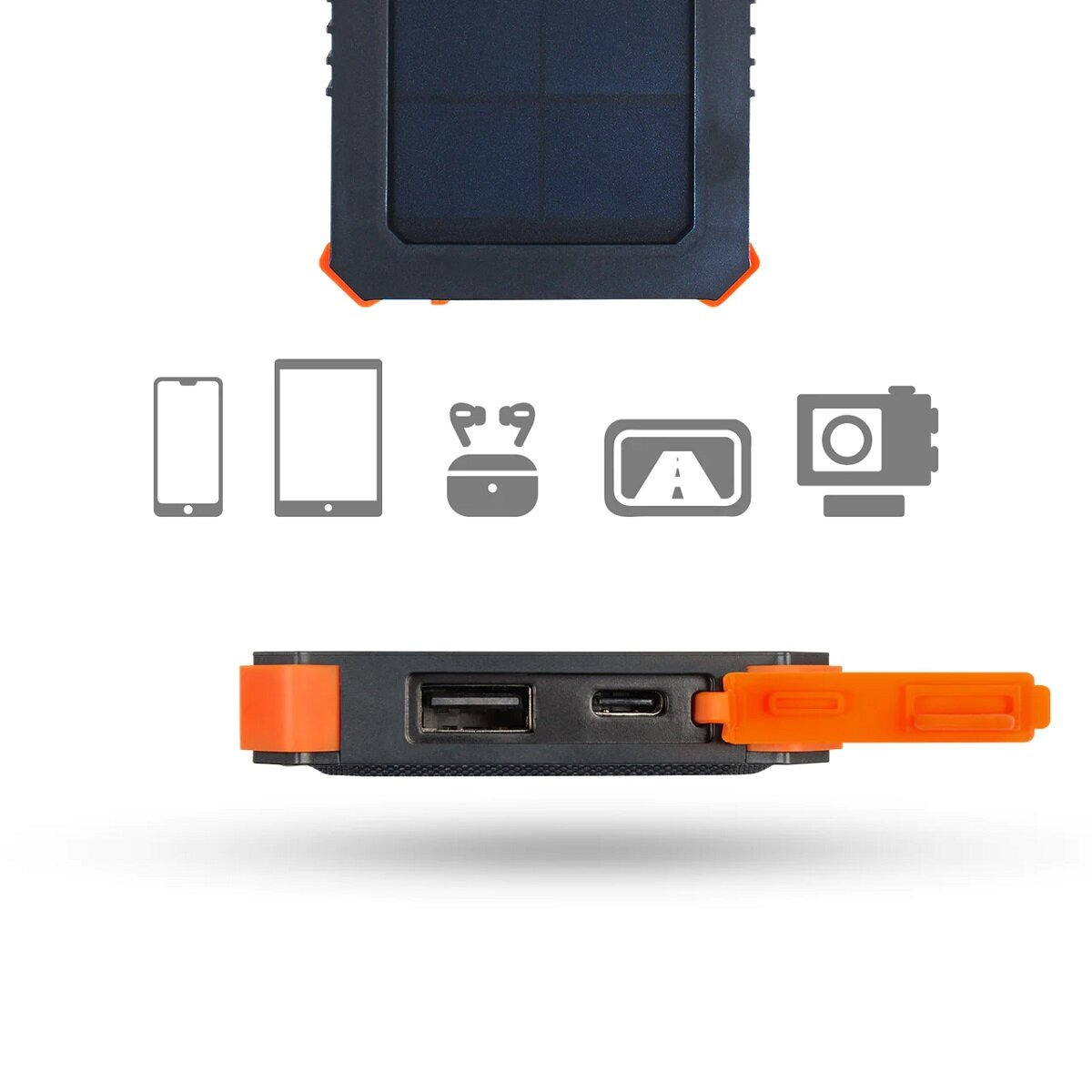 Powerbank solarny Xtorm XR103 5000 mAh od boku i tyłu z ikonami