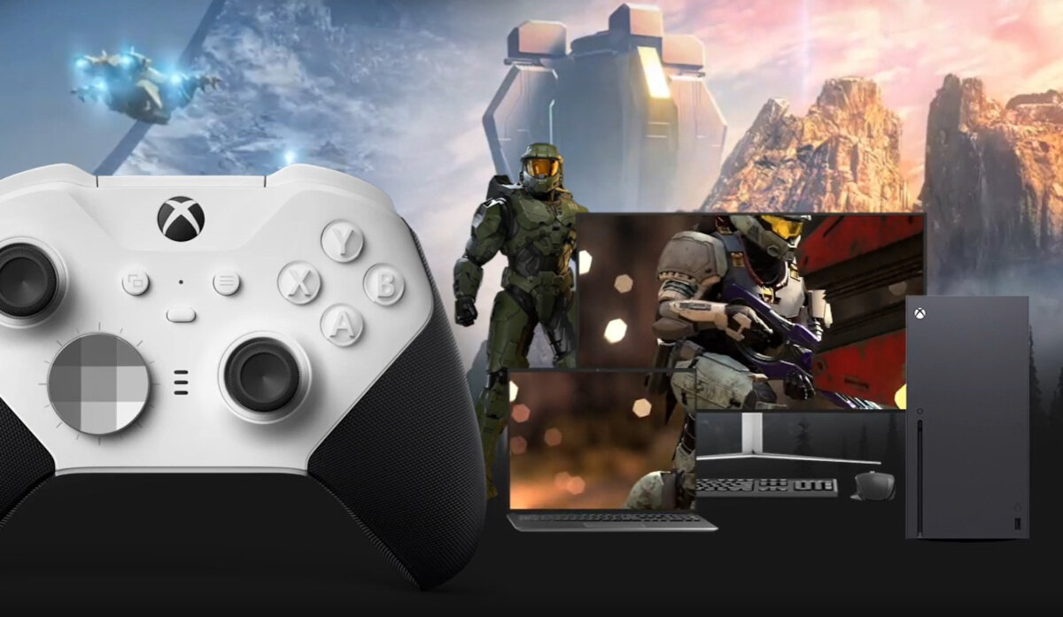 Kontroler Microsoft Xbox Elite Series 2 biało-czarny frontem oraz inne urządzenia