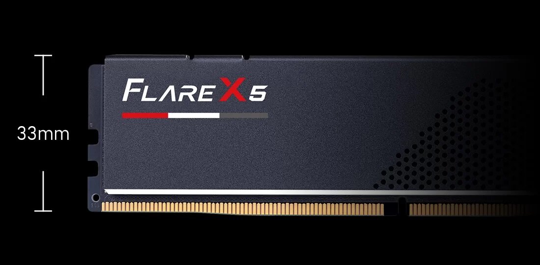 Pamięć G.SKILL Flare X5 32GB (2x16GB) 5600MHz CL36 AMD EXPO  widok pamięci z bliska z podaną wysokością - 33 mm