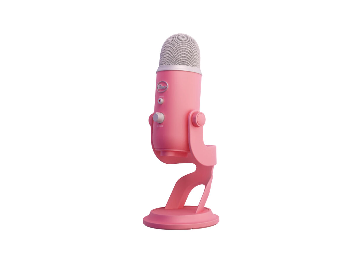 Mikrofon Logitech Blue Yeti różowy od frontu po skosie w lewo na białym tle