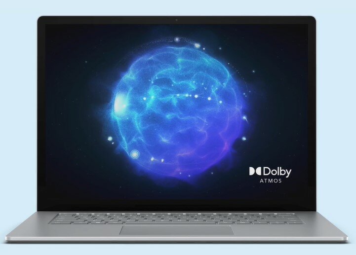 Laptop Microsoft Surface 5 13' i5/16GB/512GB/Win11 platynowy widok od frontu, na ekranie logo Dolby Atmos