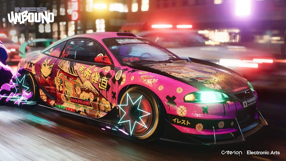 Gra Electronic Arts Need for Speed Unbound widok na kadr z gry z jadącym ulicą samochodem