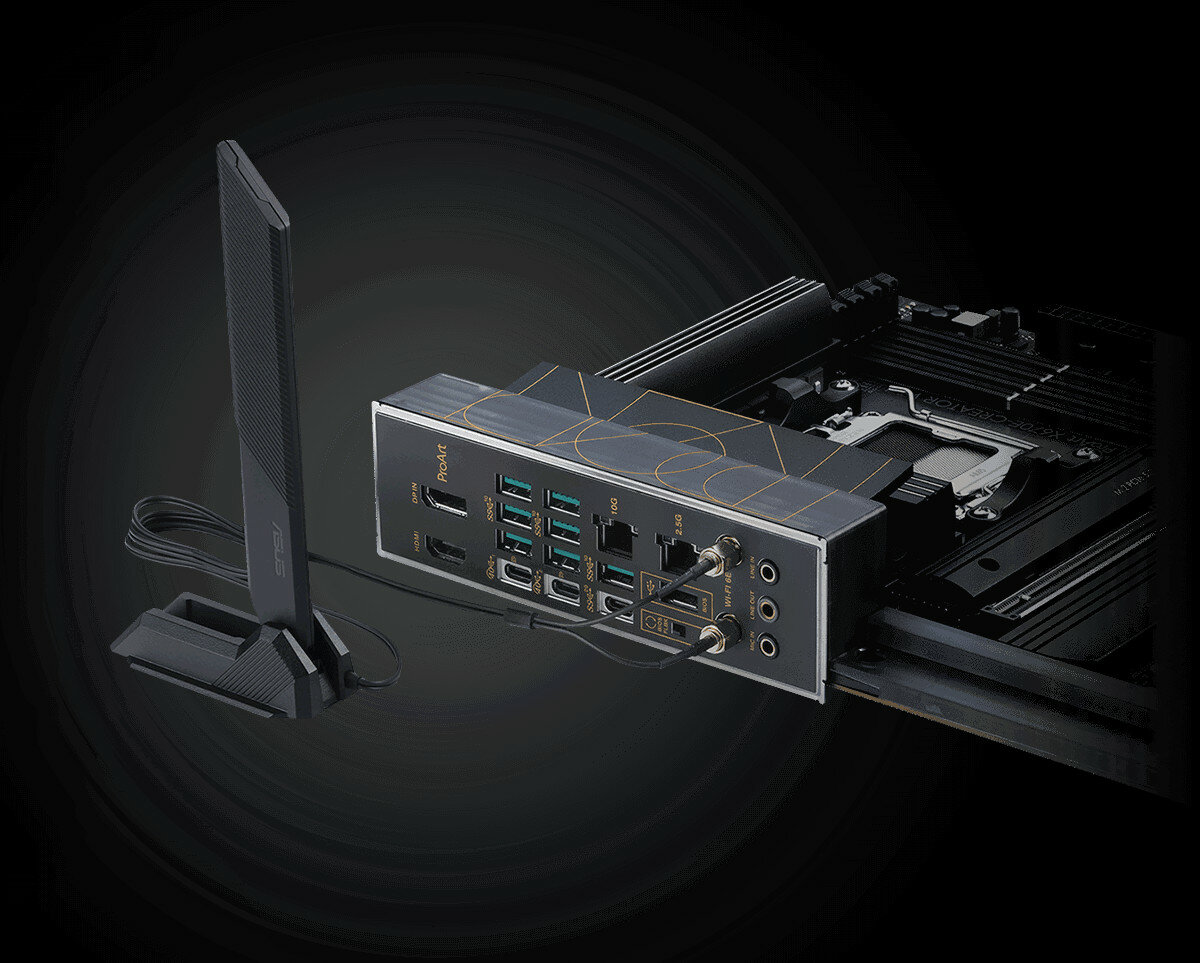 Płyta główna ASUS ProArt X670E-Creator WiFi zdjęcie płyty głównej z podłączną anteną WiFi