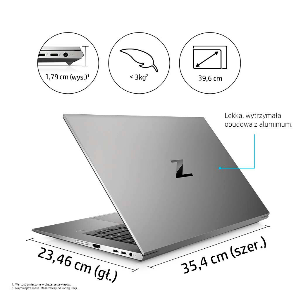 Laptop HP ZBook Studio G8 16/512GB i7-11800H pokazany laptop i jego wymiary