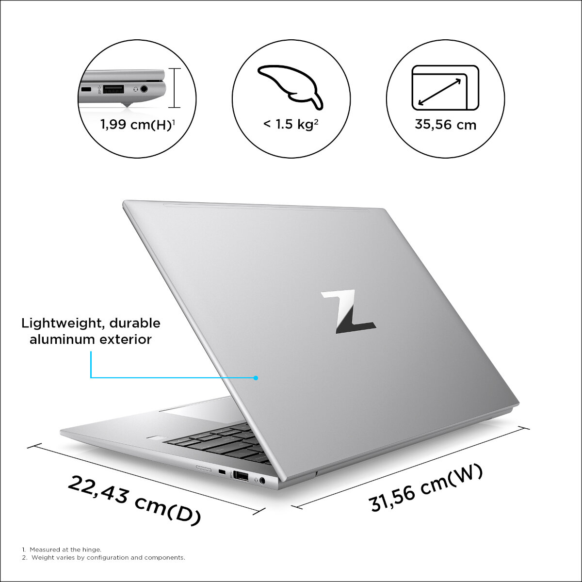 Laptop HP ZBook Firefly 14 G9 i7-1270P pokazane wymiary laptopa
