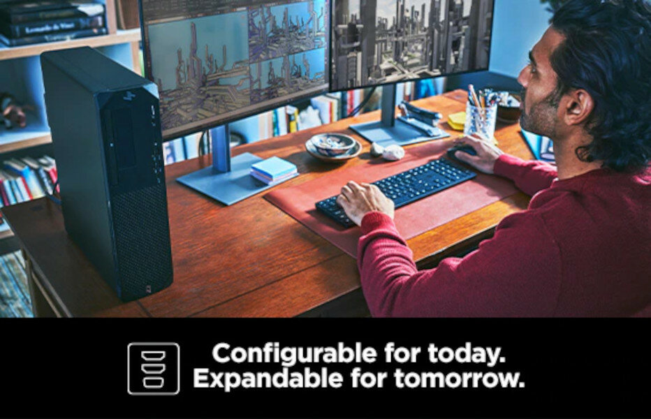 Komputer HP Z2 SFF G9 I7-12700 512 GB pokazany komputer zainstalowany na biurku