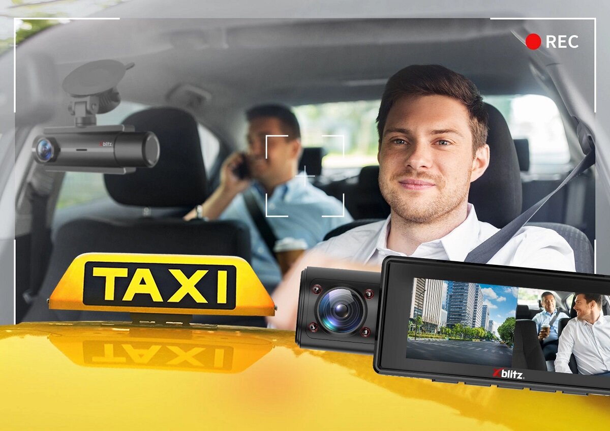 Wideorejestrator Xblitz Jera 1080p widok na mężczyzn w taksówce i wideorejestrator na przedniej szybie auta