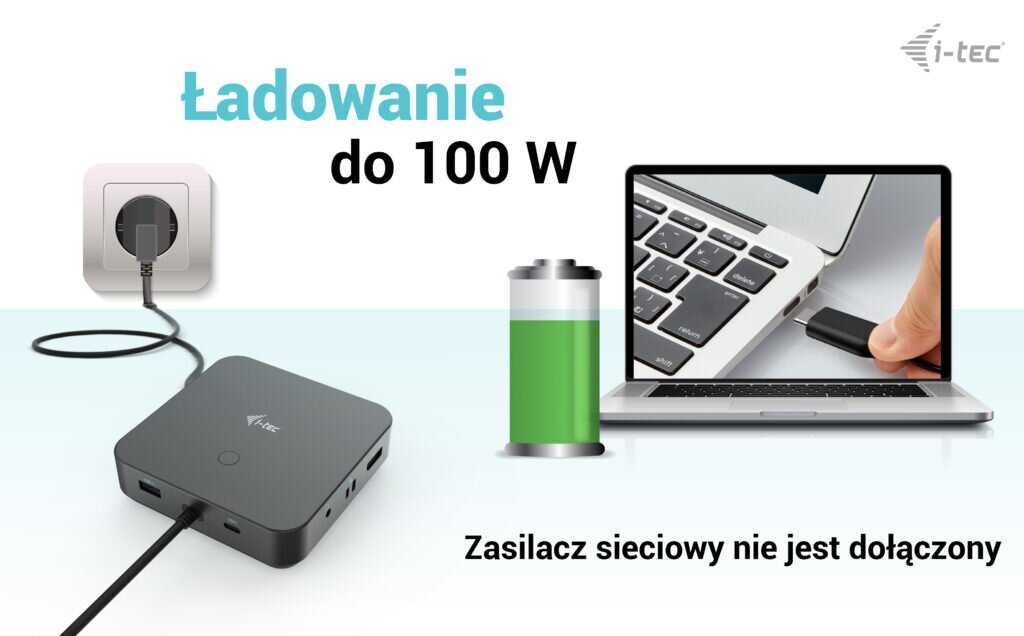 Stacja dokująca i-tec C31TRIPLE4KDOCKPDPRO USB-C pod skosem z grafiką opisującą zasilanie