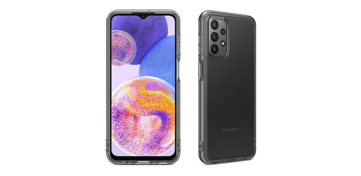 Etui Samsung Soft Clear Cover do Galaxy A23 5G widok na smartfon od przodu i od tyłu po skosie z założonym etui