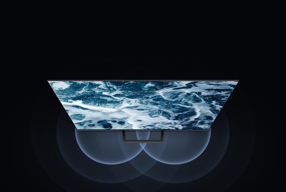 Telewizor Xiaomi Mi LED TV A2 od góry z grafiką wizualizującą rozchodzenie się dźwięku z głośników