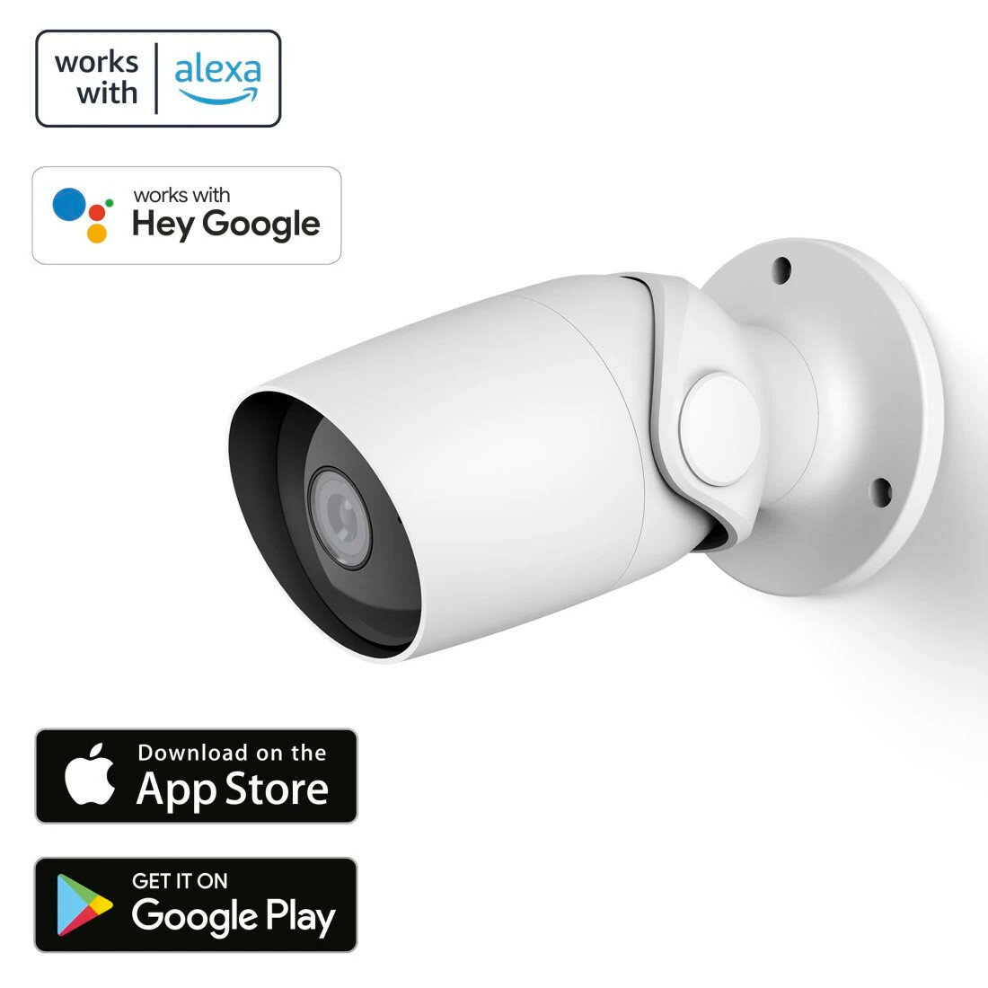 Kamera zewnętrzna Hama 176576 pod skosem z logo asystenta głosowego Google i Amazon Alexa na grafice