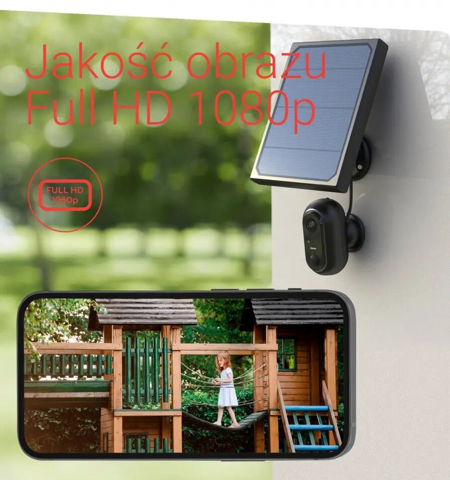 Kamera zewnętrzna WiFi Hama 176615 panel słoneczny i smartfon