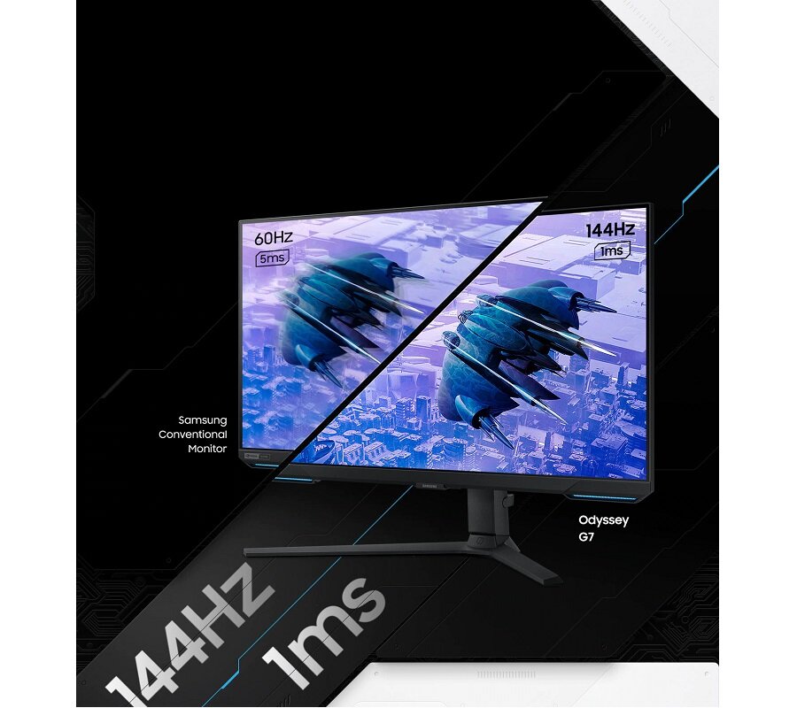 Monitor Samsung Odyssey G7 LS32BG700EUXEN porównanie grafiki na standardowym monitorze Samsung z grafiką na monitorze Samsung Odyssey G7 stojącym pod skosem w lewo