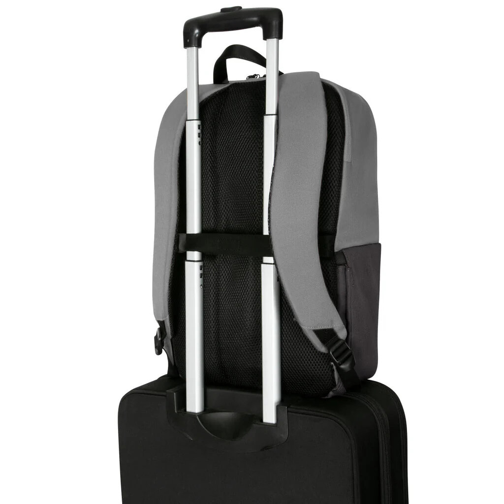 Plecak Targus Sagano EcoSmart czarno-szary grafika przedstawia plecak przymocowany do uchwytu walizki